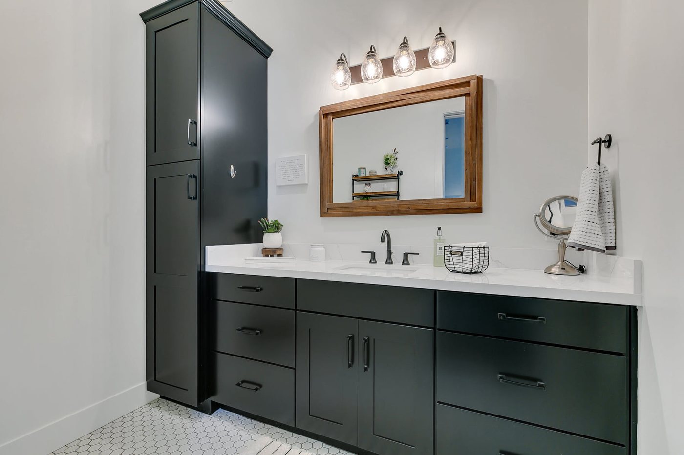 Black vanity with storage hutch